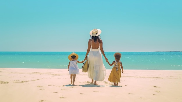 mujer y niños en la playa en el mar viajes y vacaciones