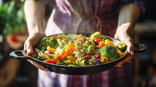 Foto mujer no reconocida sosteniendo una sartén de verduras cocidas saludables en la cocina de su casa