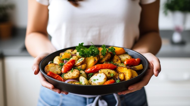 Foto mujer no reconocida sosteniendo una sartén de verduras cocidas saludables en la cocina de su casa