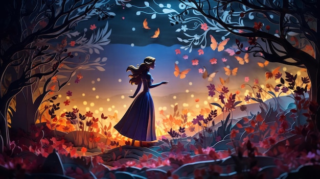Mujer en una noche mágica bosque árboles y mariposas 3d papel arte papercut ilustración