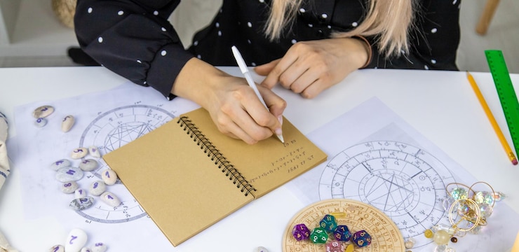 Foto mujer numeróloga astróloga cuenta los números enfoque selectivo