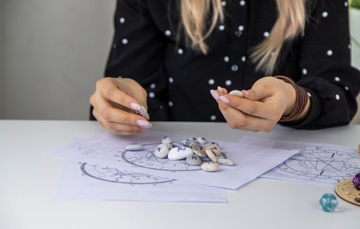 Foto mujer numeróloga astróloga cuenta los números enfoque selectivo