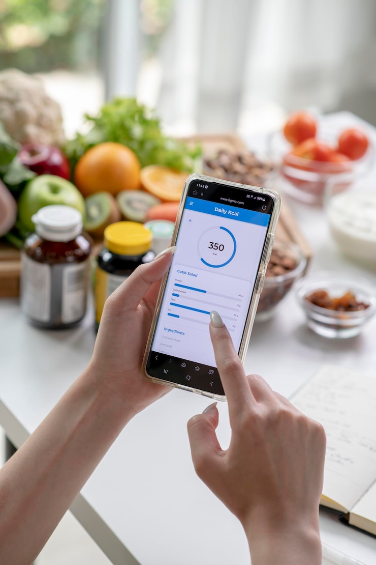 Foto mujer nutricionista profesional trabajando y revisando datos de un teléfono inteligente con una variedad de frutas, nueces, verduras y suplementos dietéticos en la mesa