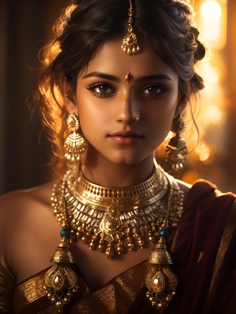 Una mujer o niña india muy joven y realista con adornos dorados mirando a la cámara