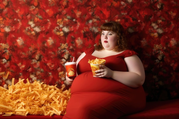 Una mujer obesa comiendo comida chatarra IA generativa