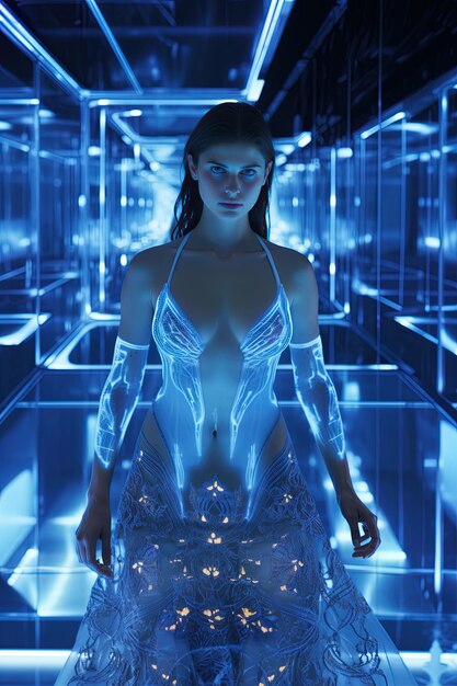 una mujer en un objeto futurista con un fondo azul con luces
