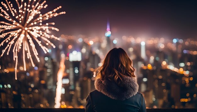 Foto mujer observando fuegos artificiales sobre el horizonte de una ciudad