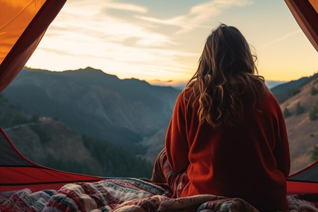 Foto mujer observando la montaña desde el arte de la tienda