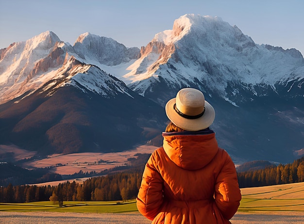 Mujer observando un paisaje de montaña en primavera al atardecer generado ai