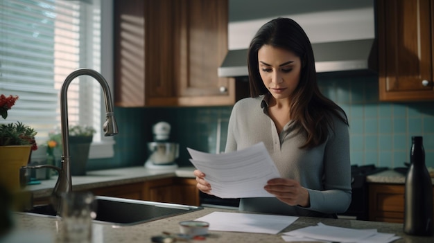 Foto mujer se ocupa de pagar facturas a fin de mes en su cocina creado con tecnología de ia generativa