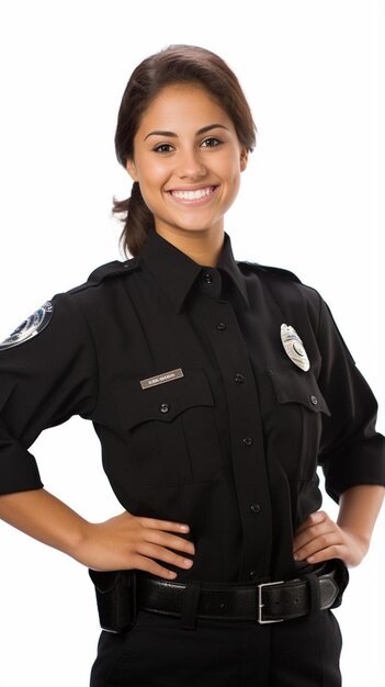 Foto una mujer oficial de policía con una camisa negra con el nombre de policía en ella