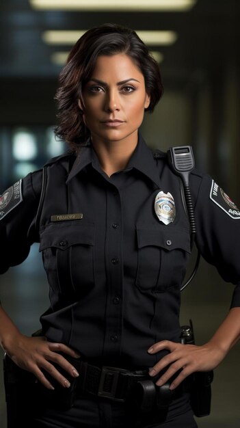 Foto una mujer oficial de policía con una insignia en el cuello