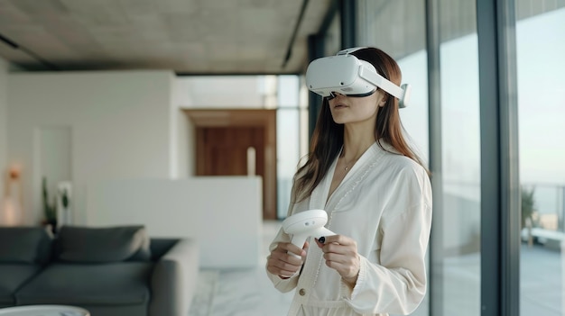 Mujer en una oficina blanca con auriculares VR sosteniendo un control remoto con un controlador de juego en la mano