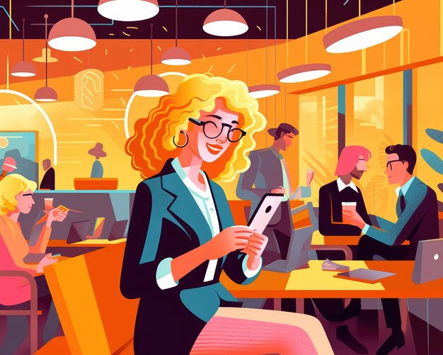 Una mujer en una oficina de coworking lee un mensaje de texto feliz Illustration Generative AI