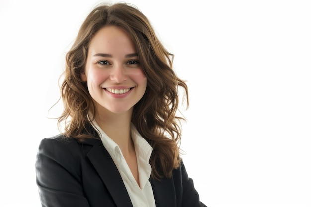 una mujer de oficina sonriendo aislada en blanco claro