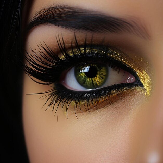 Foto una mujer con un ojo amarillo y un ojo verde con brillo dorado en él.