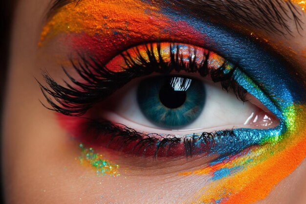 una mujer con un ojo azul y un ojo blanco y negro con un reflejo de la palabra "pintada en ella"