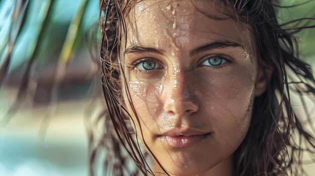 una mujer con ojos azules y cabello húmedo