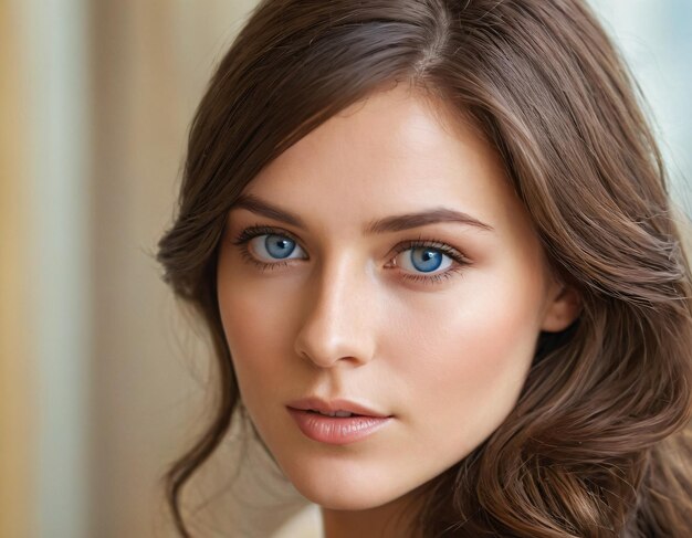 Foto una mujer con ojos azules y cabello marrón