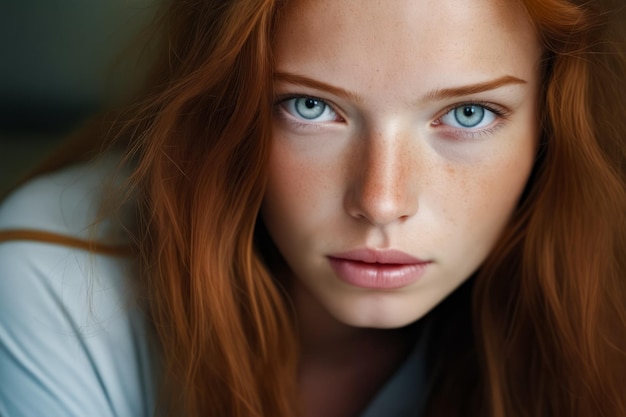 Mujer con ojos azules y cabello rojo está mirando a la cámara IA generativa