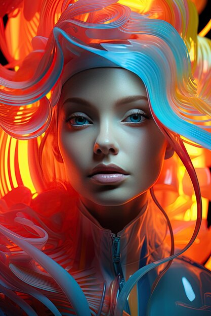 una mujer con ojos azules y un cabello rojo con ojos azulados y un pelo azul y naranja