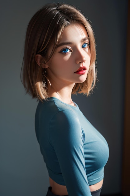 una mujer con ojos azules y una camiseta azul