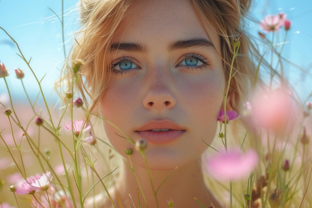 Mujer de ojos azules en un campo de flores