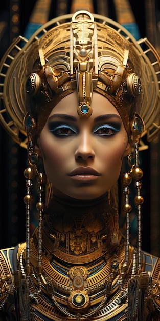 una mujer de ojos azules y una corona de oro en la cabeza.