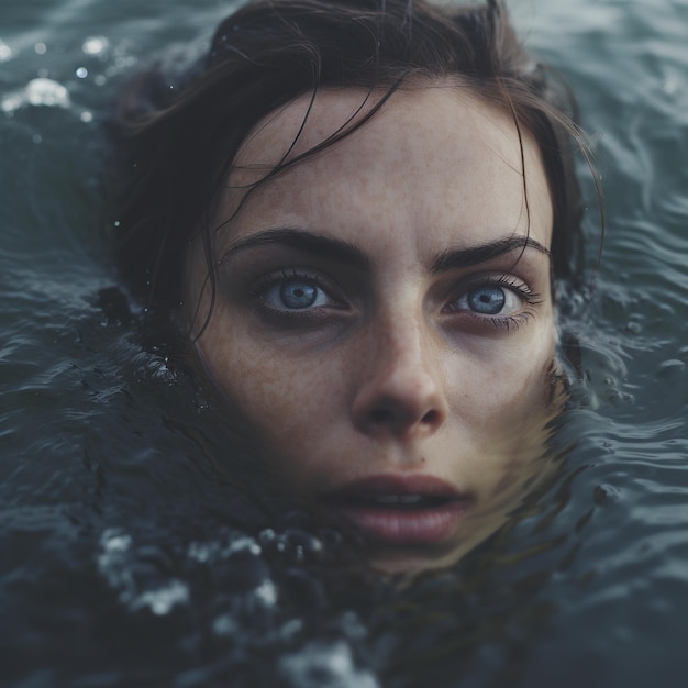 una mujer con ojos azules está nadando en el agua.