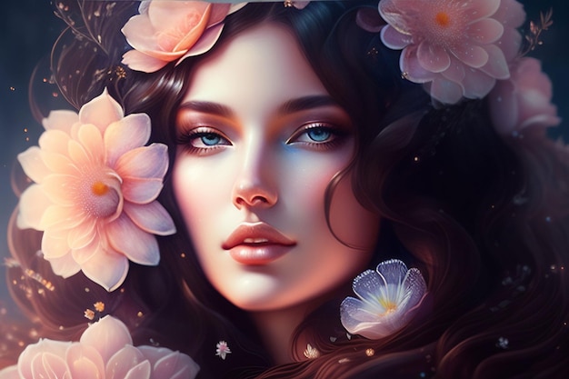 Una mujer con ojos azules y flores en la cabeza.