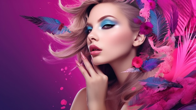 Una mujer con ojos azules y un fondo rosa con mariposas.