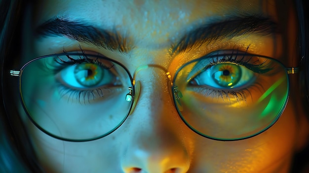 Foto una mujer con ojos azules y gafas con ojos verdes