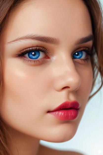 Foto una mujer con ojos azules y un labio rojo