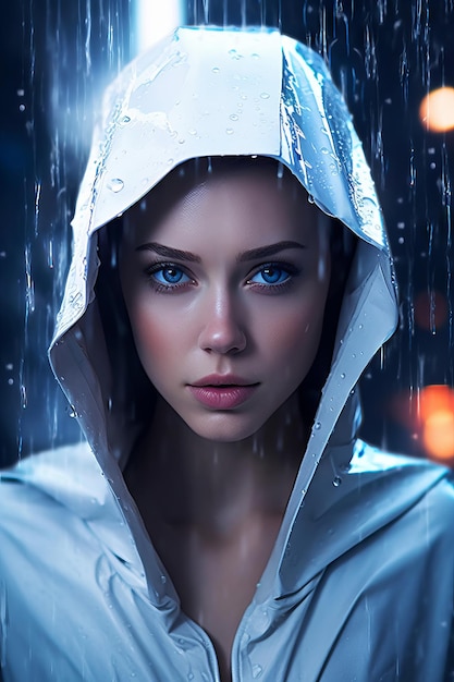 Una mujer con ojos azules bajo la lluvia.