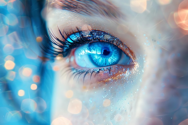 Una mujer con ojos azules y luz azul en el fondo