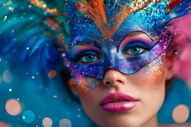Mujer con ojos azules y maquillaje de colores en la cara