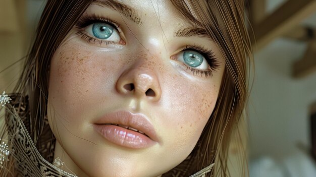 mujer de ojos azules marrón claro cabello liso sedoso con amor dorado plateado
