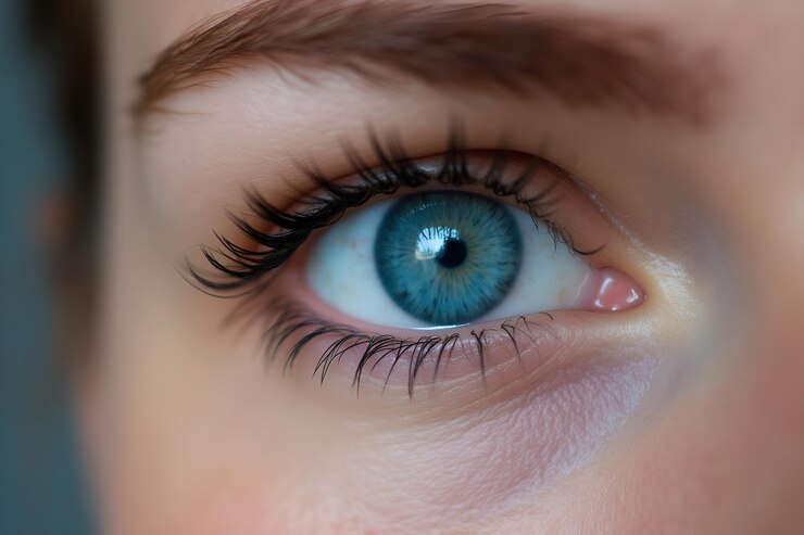 una mujer con ojos azules mirando a la cámara
