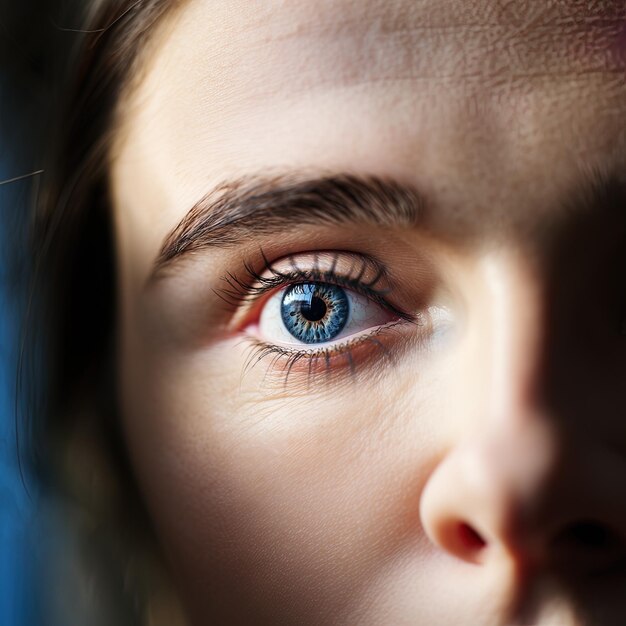 Una mujer con ojos azules mirando a la cámara.