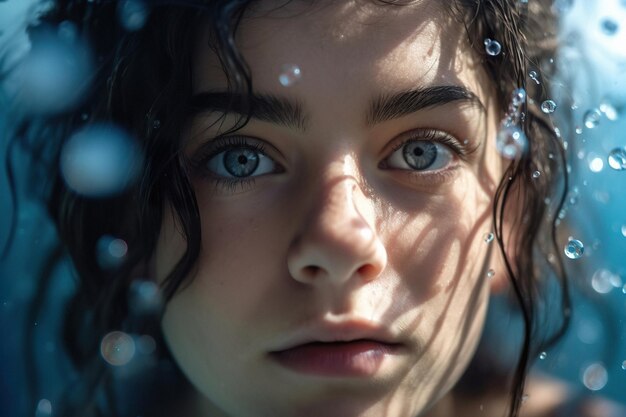 Mujer con ojos azules nada bajo el agua en el mar generativo ai