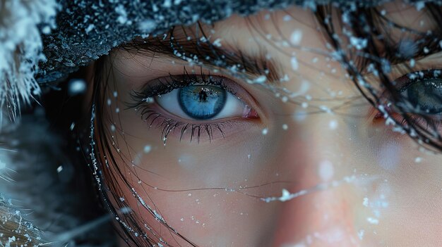 una mujer con ojos azules y nieve en la cara