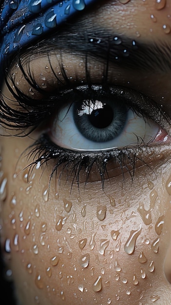 una mujer con ojos azules y un ojo azul con gotas de agua