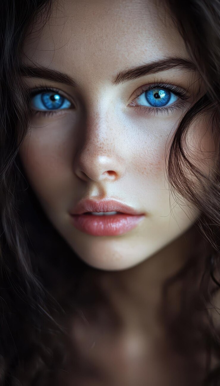 una mujer con ojos azules y ojos azules con pecas blancas