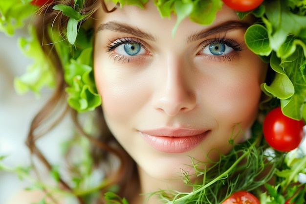 Foto mujer de ojos azules y piel clara rodeada de lechuga y tomates