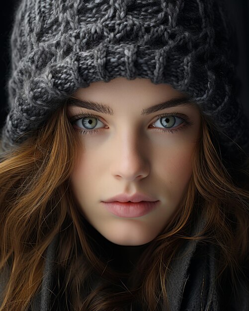 una mujer con ojos azules que lleva un sombrero de punto