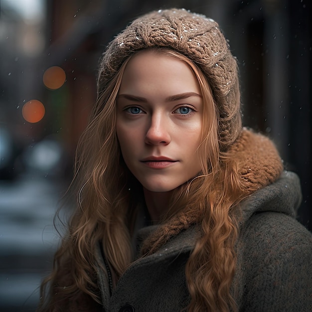 Una mujer con ojos azules y un sombrero marrón está parada en la nieve.