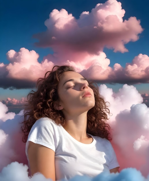 Foto una mujer con los ojos cerrados está durmiendo en las nubes