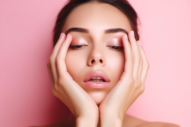 Una mujer con los ojos cerrados y las manos sobre un fondo rosa.