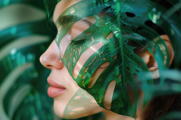 Mujer con los ojos cerrados y pintura de hojas tropicales