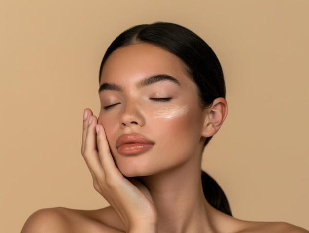 mujer con los ojos cerrados tocando suavemente su cara y cuello frente a un fondo beige